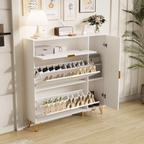 Meuble à Chaussures à 3 Niveaux 110 cm, Armoire à Chaussures avec 3 portes en bois pour entrée, Range-Chaussures Minces,avec poignées et pieds dorés, pour jusqu'à 20paires de chaussures - Blanc