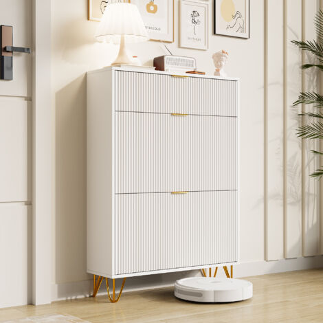 Meuble à Chaussures à 3 Niveaux 80cm, Armoire à Chaussures avec 3 portes en bois pour entrée, Range-Chaussures Minces,avec poignées et pieds dorés, pour jusqu'à 20 paires de chaussures - Blanc