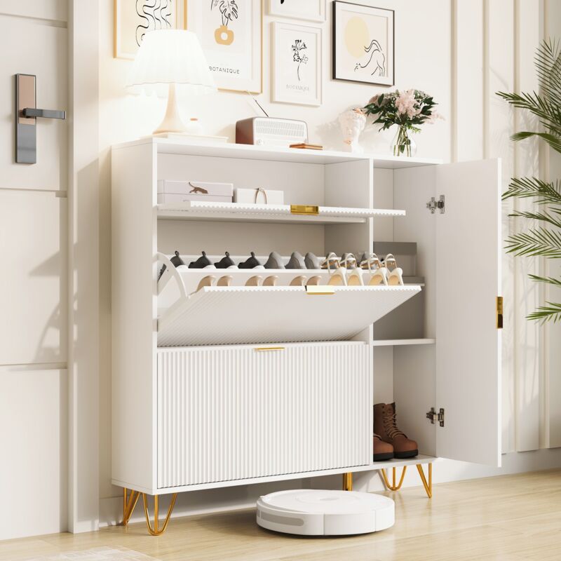 Tanant - Meuble à chaussures 110cm, à 3 niveaux avec portes de rangement, poignées dorées et charnières de sécurité, adapté aux Meuble d'entrée