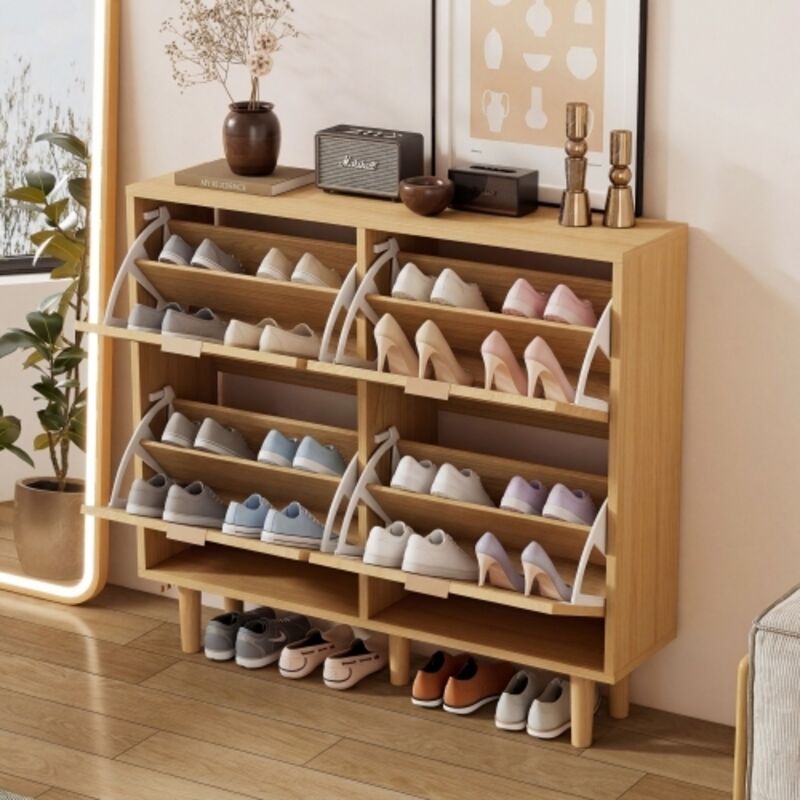 Meuble à chaussures à 4 tiroirs basculants, commode à chaussures en rotin avec poignées métalliques, étagère à chaussures pour entrée, chambre ou