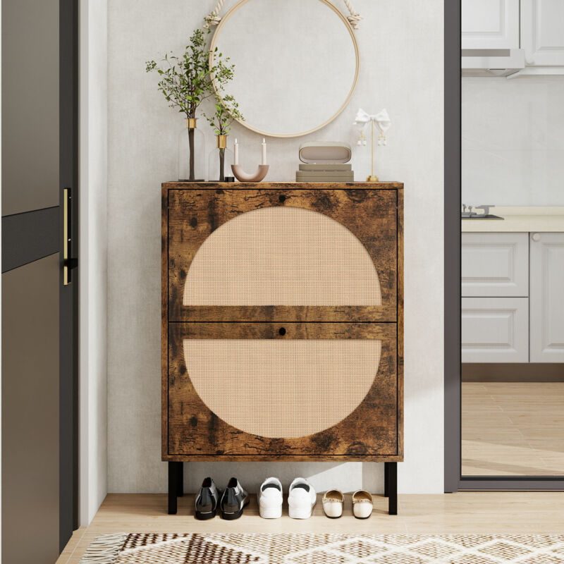 Redom - Meuble à chaussures à deux portes marron vintage, portes semi-circulaires interchangeables, aspect rotin, longueur 60 cm, avec panneau