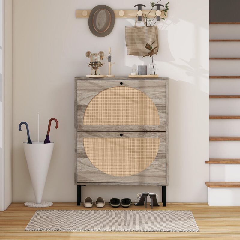 Redom - Meuble à chaussures rétro gris avec deux portes, façades de portes semi-circulaires interchangeables et surface en rotin, longueur 60 cm,