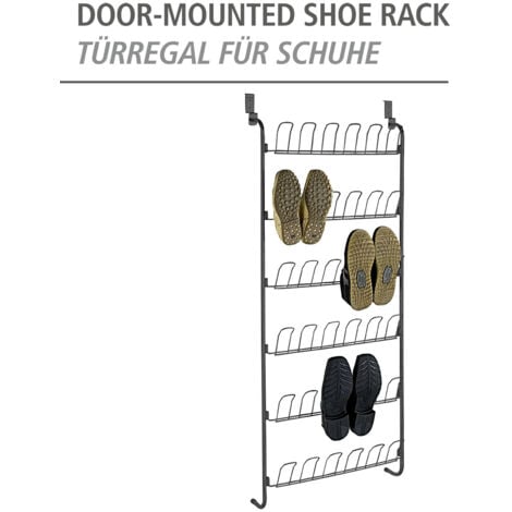 Meuble à chaussures à suspendre WENKO, Rangement jusqu'à 18 paires, Gain de place derrière une porte de 4cm max d'épaisseur, Sans perçage, Métal revêtu, 59 x 151 x 14 cm, Noir