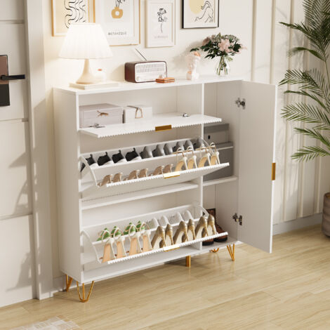 Meuble à chaussures, Armoire à Chaussure Inclinable avec 3 rabats et 1portes,Rangement Chaussure, Porte-chaussures d'entrée, 110x24x111,5 cm- Blanc