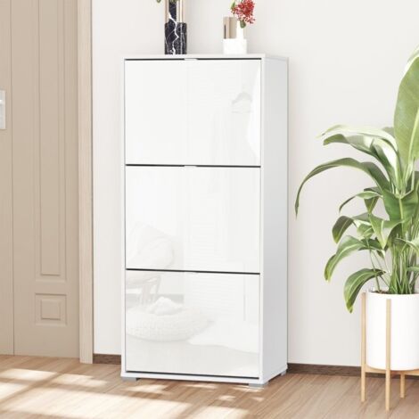 Meuble à Chaussures Armoire à chaussures 3 Portes abattantes 3 Compartiments en bois 60x26x124cm Blanc laqué