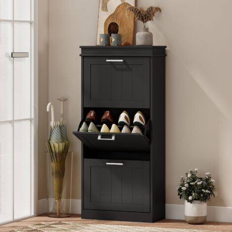 Meuble à chaussures. armoire à chaussures 3 portes abattants 15 paires. étagères réglables. 54 x 24 x 117.5 cm. noir