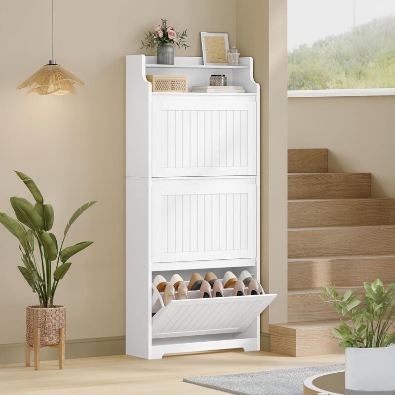 Meuble à Chaussures, Armoire à Chaussures avec 3 Abattants, 16 Paires, Séparateur Réglable, Grande Capacité pour Entrée, Couloir, Chambre