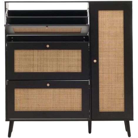 Meuble à chaussures armoire à chaussures avec 3 compartiments basculants et 2 étagères 127 x 120 x 24 cm bois mélaminé noir avec rotin Kubu naturel 040009450