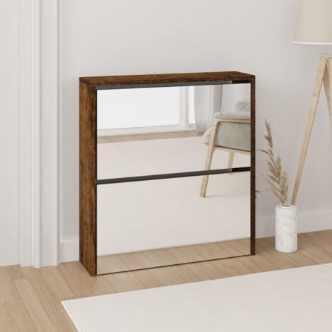 Meuble à Chaussures Armoire à Chaussures  Meuble d'entrée miroir à 2 niveaux Chêne fumé 63x17x67 cm 92886