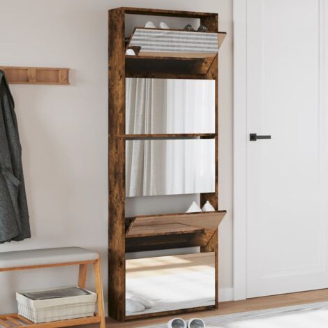 Meuble à chaussures  Armoire à chaussures miroir 5 niveaux chêne fumé 63x17x169,5 cm CFW63272