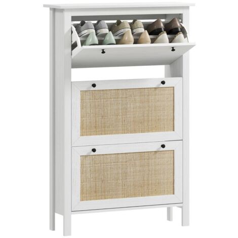Meuble à Chaussures Armoire avec 3 Portes à Abattant et Effet Cannage Rotin, Étagère Intégrée en Bois Massif pour un Rangement Élégant dans l'Entrée, 80 x 23.5 x 121.5 cm ,Blanc