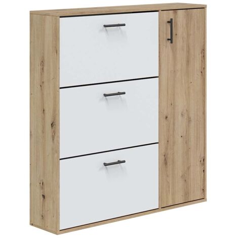 Meuble à chaussures avec 1 porte et 3 abattants coloris Blanc/chêne - Longueur 112 x Hauteur 105 x Profondeur 24 cm