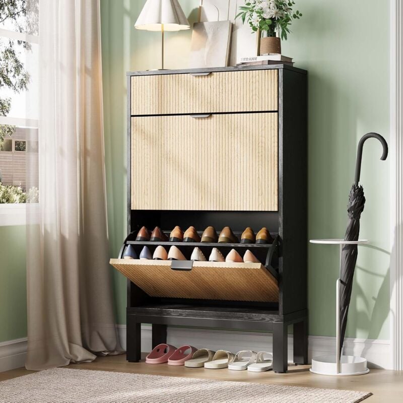 Meuble à chaussures avec 2 abattants - Meuble à chaussures étroit avec 4 étagères ,61 x 105 x 24 cm