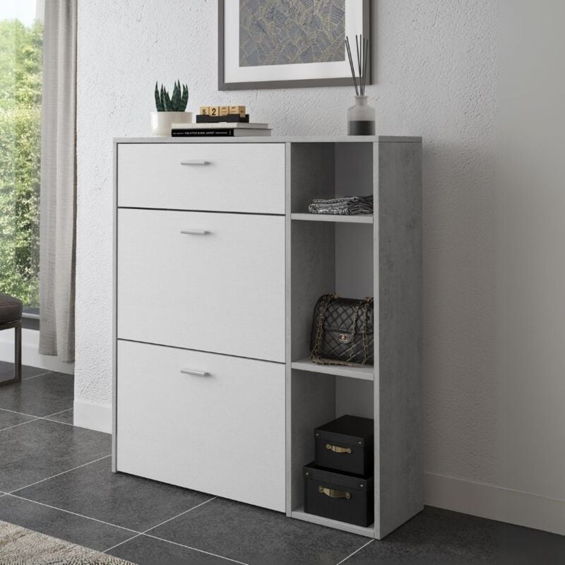 Toscohome - Meuble à chaussures avec 2 portes battantes et tiroir ciment et blanc 90x26x101,5H - Tamik