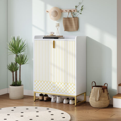 Meuble à chaussures avec 2 portes dorées, pieds en métal doré, 4 niveaux de rangement, 75x37x105CM, MDF, blanc
