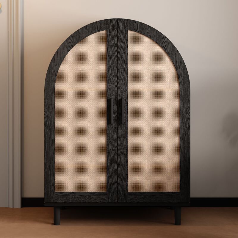Nmonet - Meuble à Chaussures avec 2 Portes en Rattan, 70x40x100 cm, pour 12 Pairs, Trois Étagères et Design Arrondi