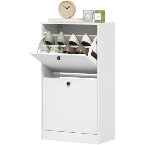 Meuble à chaussures avec 2 tiroirs rabattables et étagères réglables, idéal pour les entrées et les petits espaces, 47 x 26 x 85 cm, blanc imitation bois.