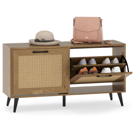 Meuble à Chaussures avec 2 Tiroirs Rabattables, Rotin Bohème, Banc Rangement Chaussures avec Étagères Réglables, Pieds Métalliques, 100 x 30 x 53 cm