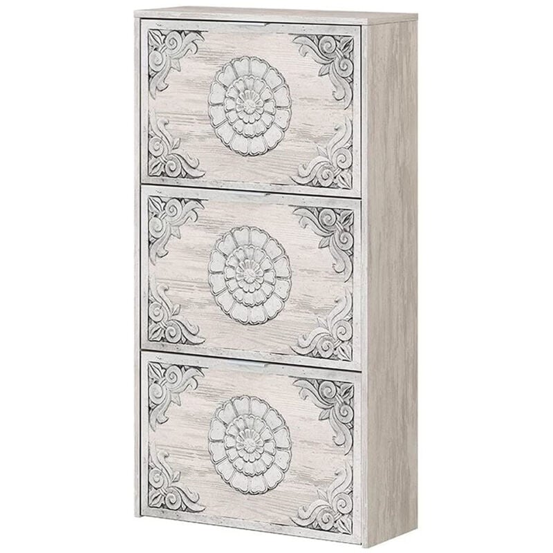 Pegane - Meuble à Chaussures avec 3 abattants coloris chêne gris blanchie / impression digitale mandala - H113 x Longueur 60 x P22 cm
