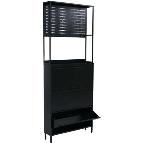 Meuble à chaussures avec 3 compartiments basculants armoire à chaussures avec étagère et crochets 201x80x20 cm en métal noir 040008882