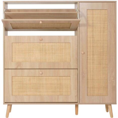 Meuble à chaussures avec 3 compartiments basculants portes en rotin kubu tressé à la main 127x120x24 cm décor chêne 040010111