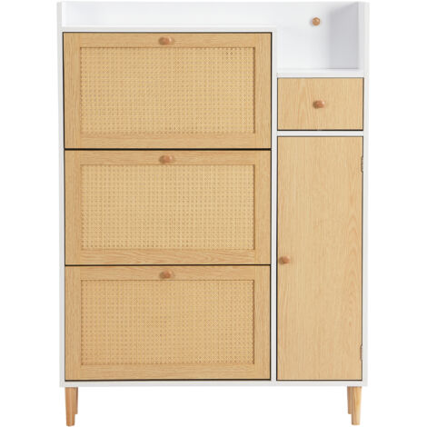Meuble à Chaussures avec 3 portes basculantes et tiroir Buffet en bois et rotin Commode de Rangement Rotin Chêne 90x125x17 cm