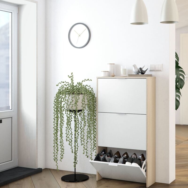 Meuble à chaussures avec 3 portes, capacité 18 paires - Blanc et chêne - MC81011