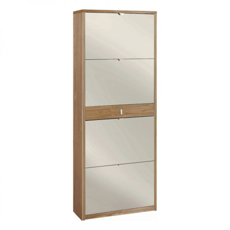 Meuble à chaussures avec 4 portes miroir et 1 tiroir, 63L x 29P x H164 cm, finition noyer Stelvio, Sarmog