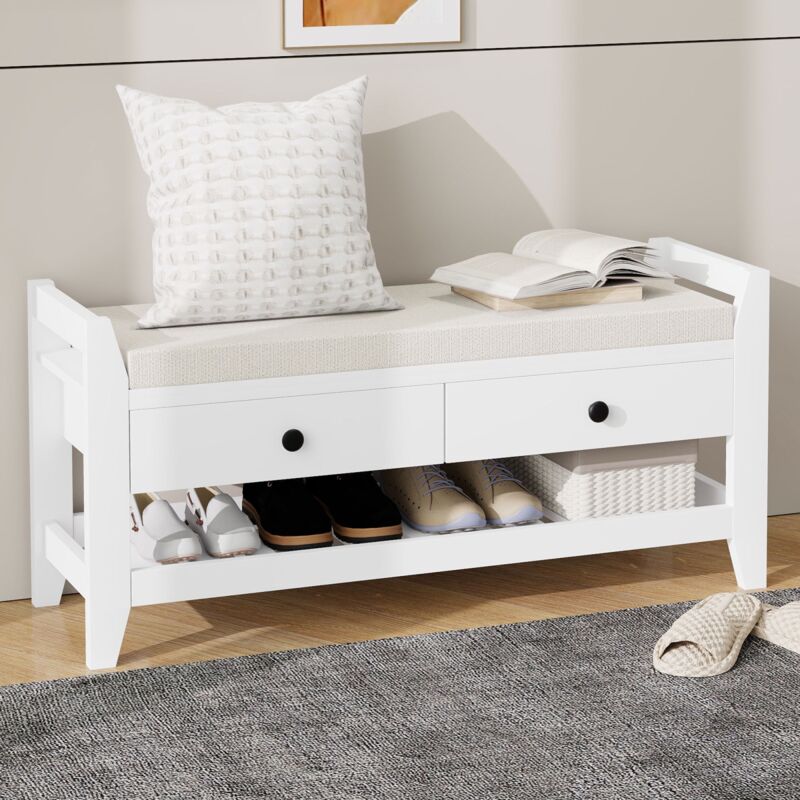 Eifson - Meuble à chaussures avec banc 101x35x50 cm, avec assise, 2 tiroirs, surface tapissée, mdf, pour entrée, salon, chambre - Blanc
