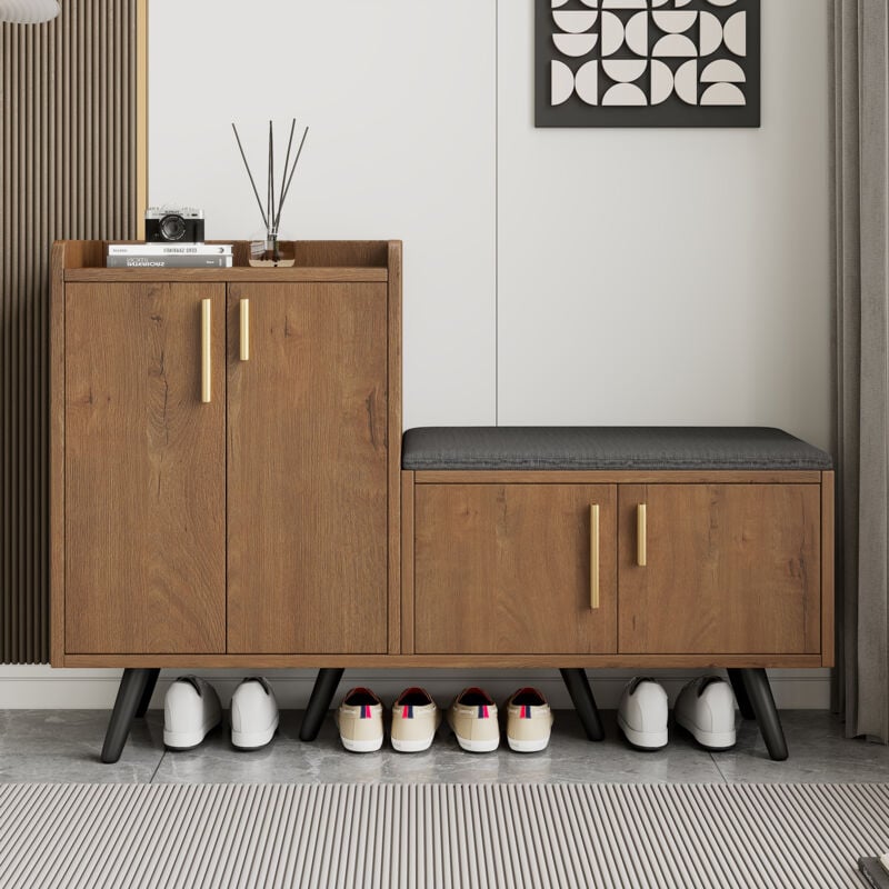 Meuble à chaussures avec banc à chaussures, 120x34x82cm, meuble de rangement d'entrée, poignées métalliques asymétriques, naturel