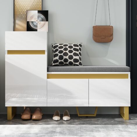 Meuble à chaussures avec banc, Armoire de rangement pour entrée, Banc de chaussage moderne avec tiroir et portes, Design épuré, Blanc