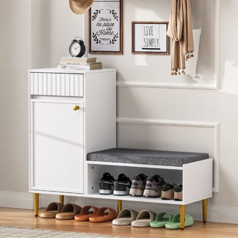 Meuble à Chaussures avec Banc de Entrée 100x35x82cm, Banc à Chaussures avec Rembourré, Étagère Réglable, 1 Tiroir et Porte - Blanc