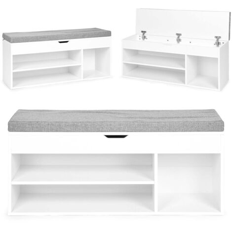Meuble a chaussures avec coussin gris et assise ouvrant 3 etageres blanc