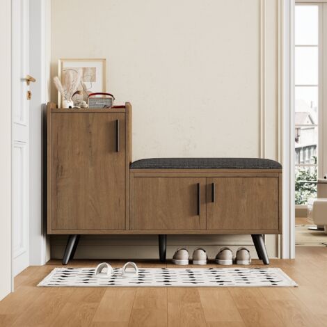 Meuble à chaussures avec coussins, avec 3 portes de rangement, poignées métalliques asymétriques, banc de rangement pour meuble d'entrée - Naturelle