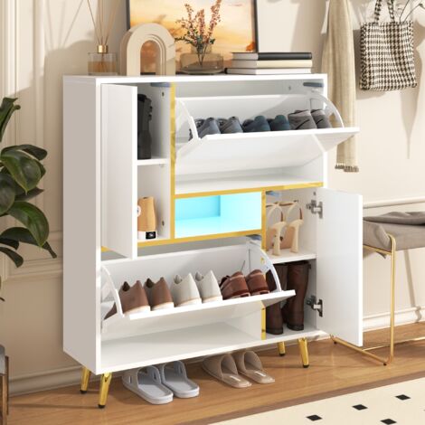 Meuble à chaussures, avec LED, 2 portes abattants, 2 portes de rangement, étagères réglables, pour jusqu'à 10 paires de chaussures - Blanc