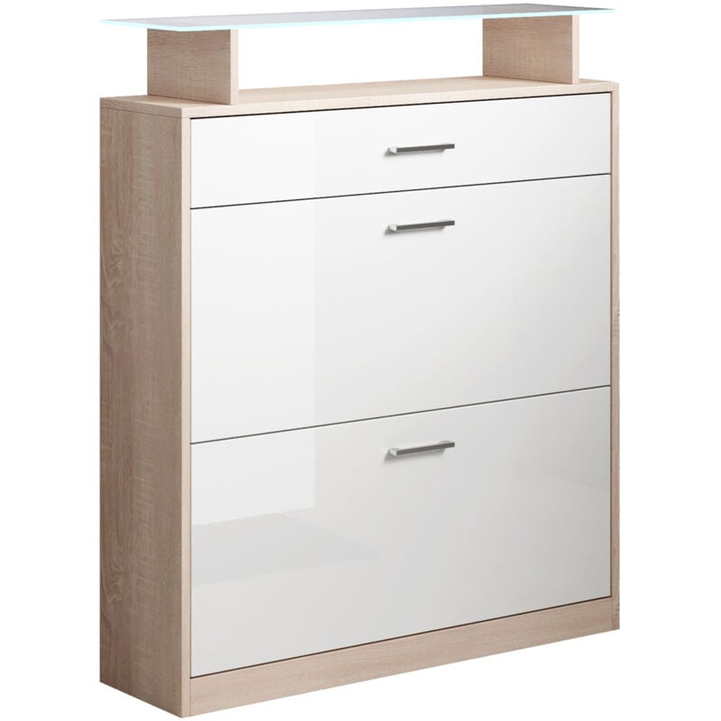 Meuble à Chaussures avec led Meuble d'entrée 105x89x24cm 2 portes 1 tiroir Modèle Paola Sonoma et Blanc brillant