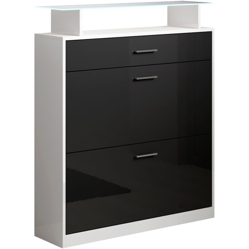 Meuble à Chaussures avec led Meuble d'entrée 105x89x24cm 2 portes 1 tiroir Modèle Paola Blanc brilant et Noir brillant
