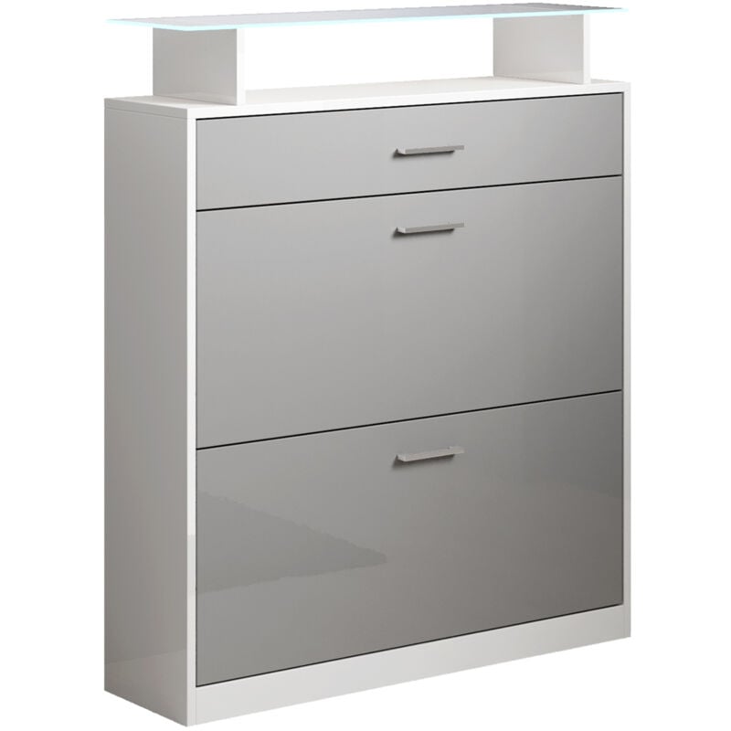 Meuble à Chaussures avec LED Meuble d'entrée 105x89x24cm 2 portes 1 tiroir Modèle Paola Blanc brillant et Gris brillant