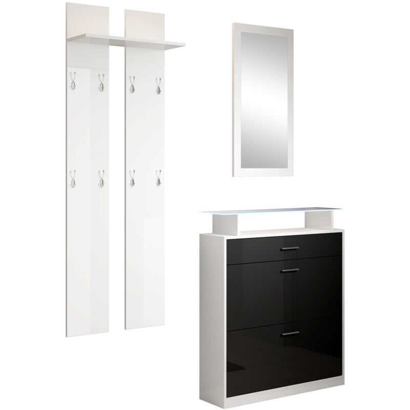 Muebles Bonitos - Meuble à Chaussures avec led Meuble d'entrée Portemanteau Miroir 105 x 89 x 24cm 2 portes 1 tiroir Modèle Paola Blanc brillant et