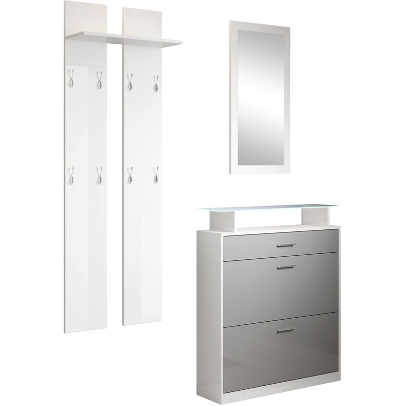 Muebles Bonitos - Meuble à Chaussures avec led Meuble d'entrée Portemanteau Miroir 105 x 89 x 24cm 2 portes 1 tiroir Modèle Paola Blanc brillant et
