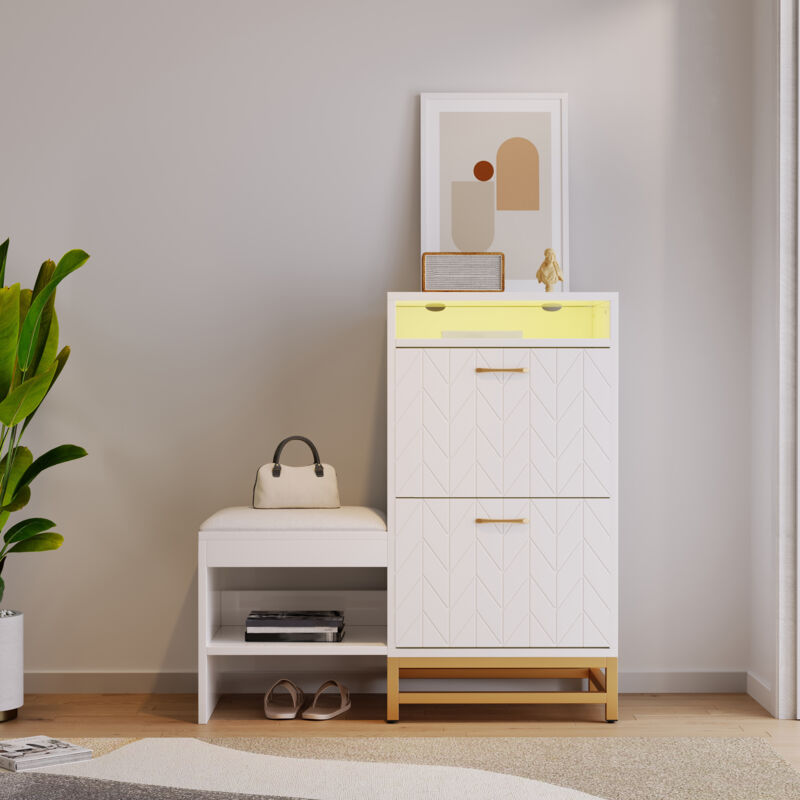 Meuble à chaussures avec LED,2 couvercles à charnières,Panneau de porte gravé,Banc Armoire à chaussures,100x30x102cm,Blanc