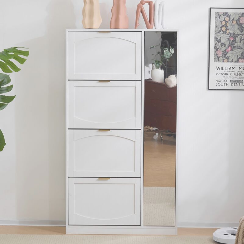 Meuble à chaussures avec miroir 147 cm, Rangement chaussures avec 4 compartiments de rangement rabattables, étagères réglables, Rembourré Meuble