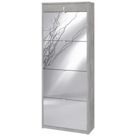 Meuble à chaussures avec quatre portes en miroir et un tiroir supérieur Beton Cemento 63x29x h164 cm