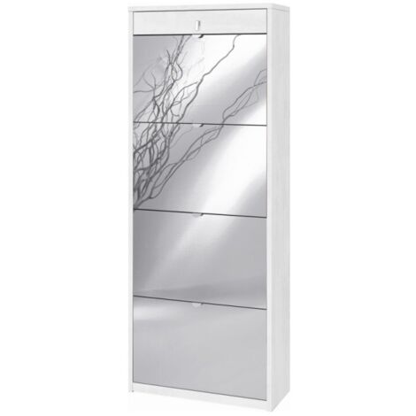 Meuble à chaussures avec quatre portes miroir et un tiroir supérieur en Ossido White 63x29x h164 cm