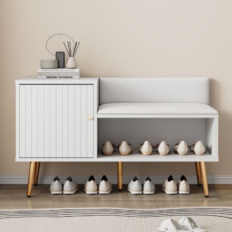 Meuble à Chaussures - avec Rangement, Assise Rembourrée- Meuble avec Poignées et Pieds Métal Dorés (100x40x58 cm) - Blanc