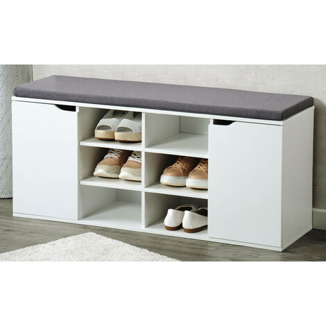 Meuble à chaussures avec siège – Longueur 103 cm – Largeur 48 cm – Hauteur 30,5 cm – 6 étagères – 2 casiers fermés en matière FSC – Kesper