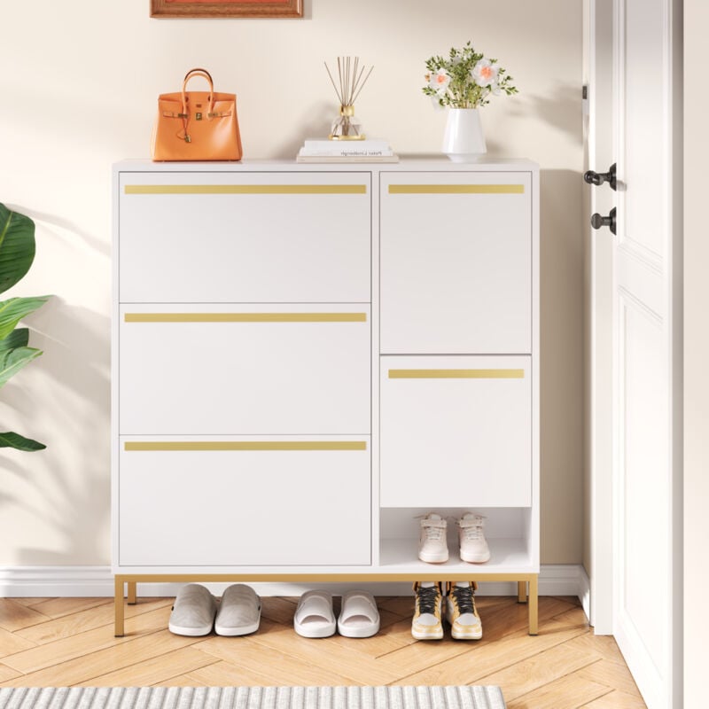 Meuble à chaussures avec tabouret à langer - 105x115.5x25cm - étagère piable et banc caché avec espace ouvert - blanc