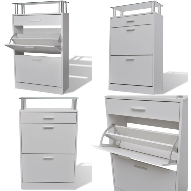 Meuble à chaussures avec tiroir et plateau en verre Bois Blanc - Meubles à Chaussures - Rangement Chaussures - Étagère Chaussures - Armoire
