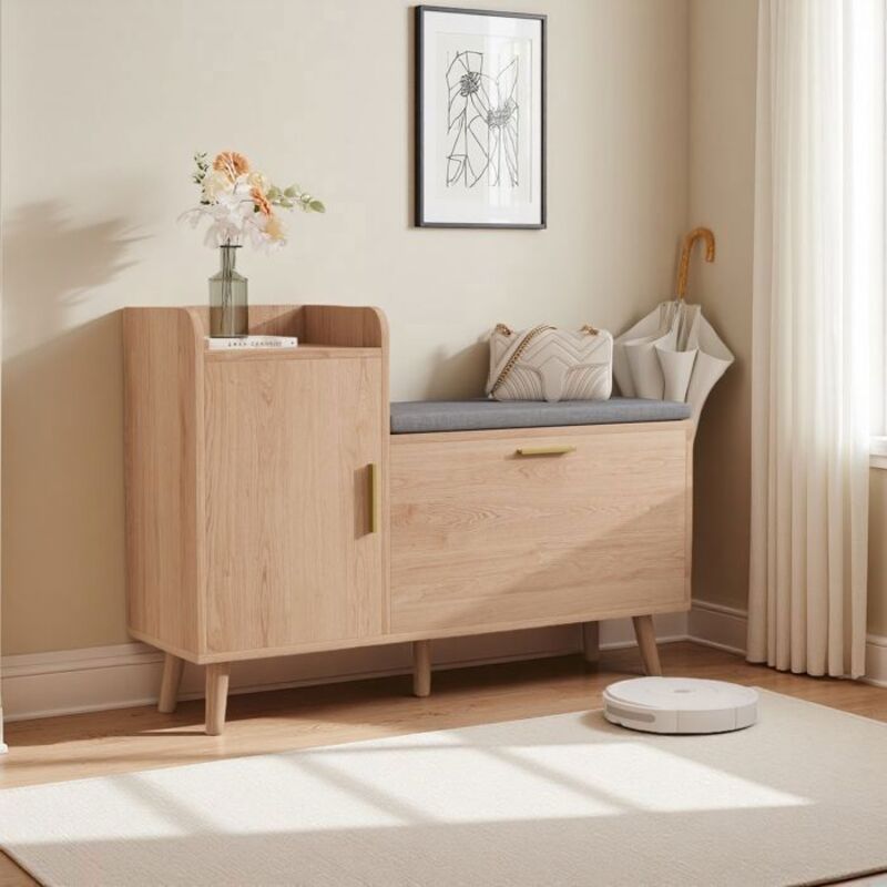 Meuble à Chaussures - Banc Fixe - Bois Naturel - 2 Étagères - Coussin Amovible