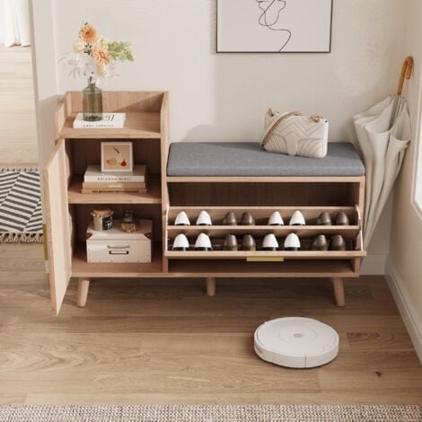 NMONET Meuble à chaussures bas, banc à chaussures, rembourré, rangement multifonctionnel, pieds hauts en bois massif, couleur bois naturel, style scandinave - Naturel
